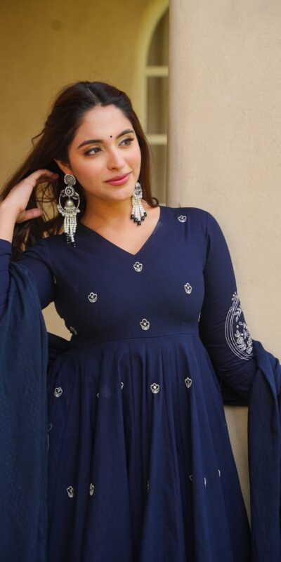 Glowing Navy Blue Roman Silk Embroidery Work Anarkali Suit