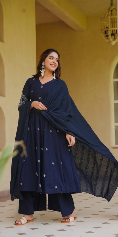 Glowing Navy Blue Roman Silk Embroidery Work Anarkali Suit