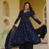 Glowing Navy Blue Roman Silk Embroidery Work Anarkali Suit