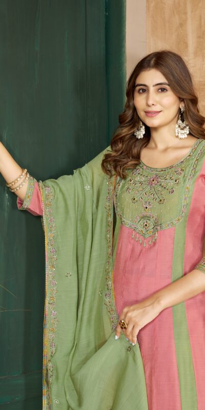 Glowing Peach Mal Chanderi Hand Work Salwar Suit