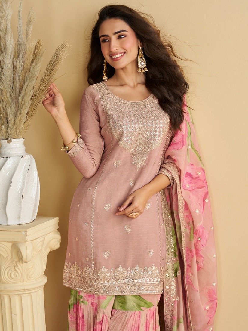 Glowing Pink Chinon Sequence Work Salwar Suit