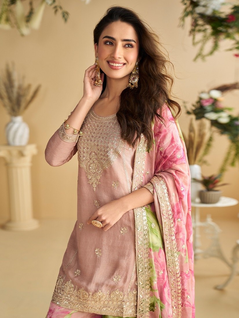 Glowing Pink Chinon Sequence Work Salwar Suit