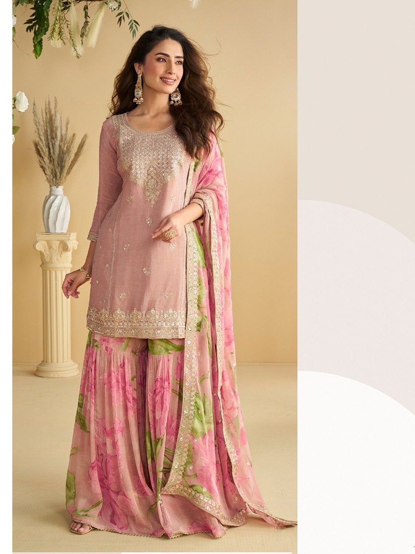 Glowing Pink Chinon Sequence Work Salwar Suit