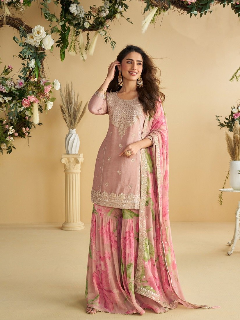 Glowing Pink Chinon Sequence Work Salwar Suit
