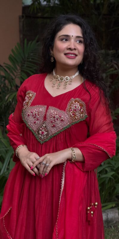 Glowing Red Mal Chanderi Sequins Work Salwar Suit