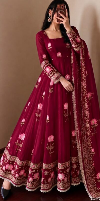 Gorgeous Maroon Faux Georgette Embroider Work Gown