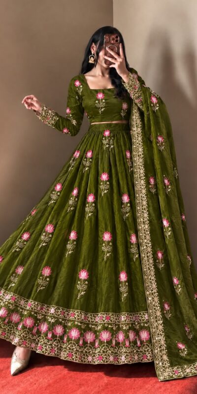 Gorgeous Mehendi Faux Georgette Embroider Work Gown