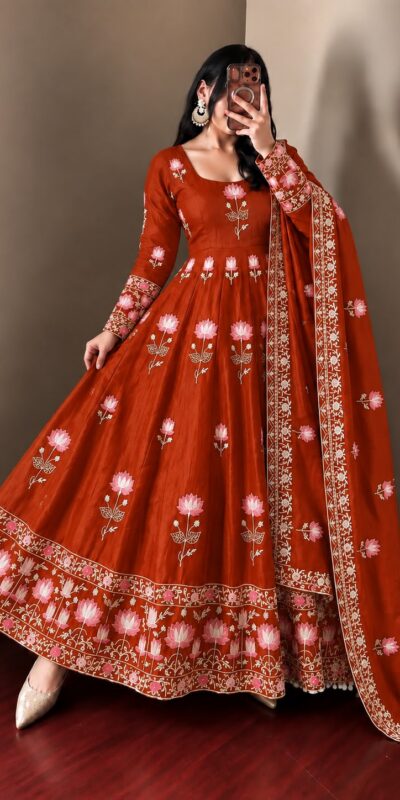 Gorgeous Rust Faux Georgette Embroider Work Gown