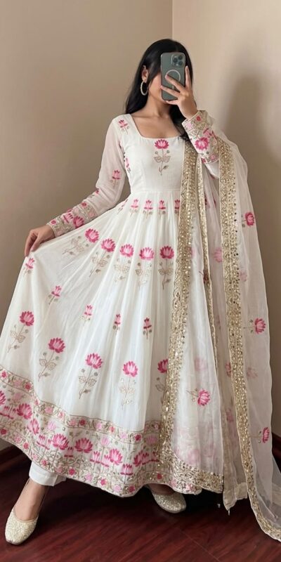 Gorgeous White Faux Georgette Embroider Work Gown