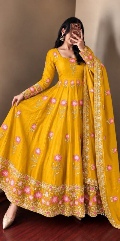 Gorgeous Yellow Faux Georgette Embroider Work Gown