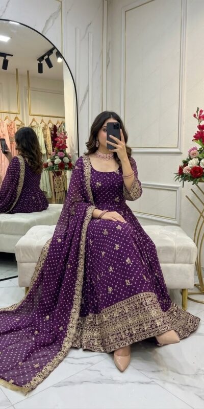 Great Wine Bandhani Print With Embroidery Work Gown