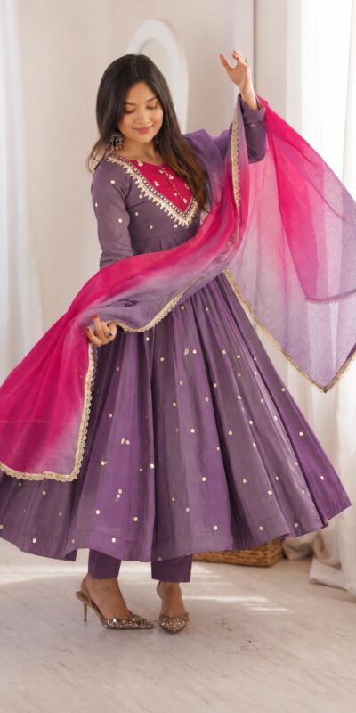 Lovely Lavender Roman Silk Mirror Embroidery Work Gown