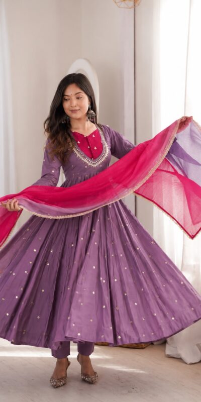 Lovely Lavender Roman Silk Mirror Embroidery Work Gown