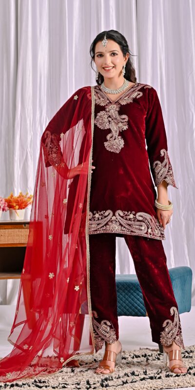 Lovely Maroon Viscose Velvet Embroider Work Salwar Suit