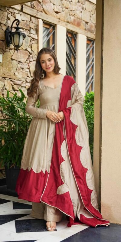 Lovely Off White Roman Silk Embroidery Work Gown
