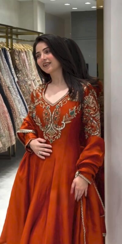 Lovely Rust Roman Silk Beads Embroidery Work Gown