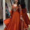 Lovely Rust Roman Silk Beads Embroidery Work Gown