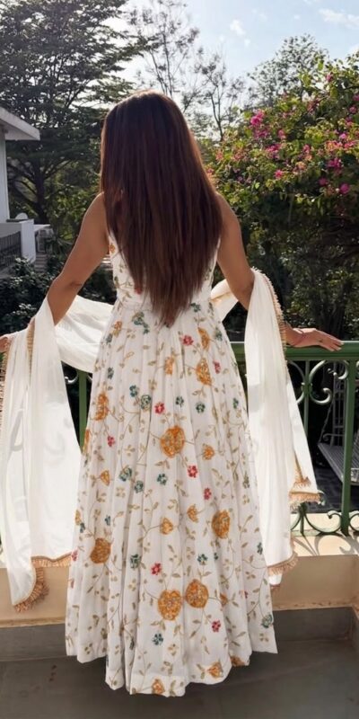 Lovely White Crushi Silk Hand Embroidery Work Anarkali Suit