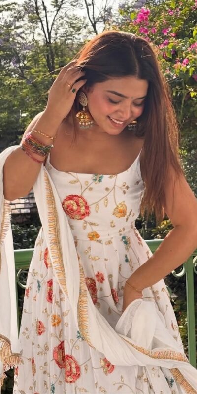 Lovely White Crushi Silk Hand Embroidery Work Anarkali Suit