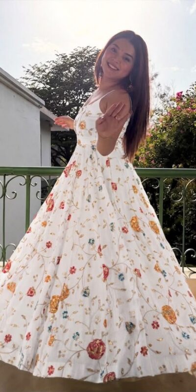 Lovely White Crushi Silk Hand Embroidery Work Anarkali Suit