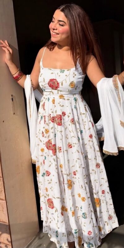 Lovely White Crushi Silk Hand Embroidery Work Anarkali Suit