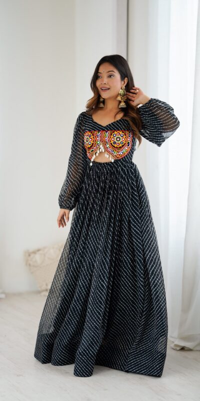 Magical Black Georgette Digital Print Work Gown