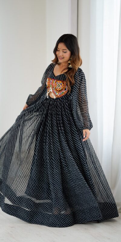 Magical Black Georgette Digital Print Work Gown
