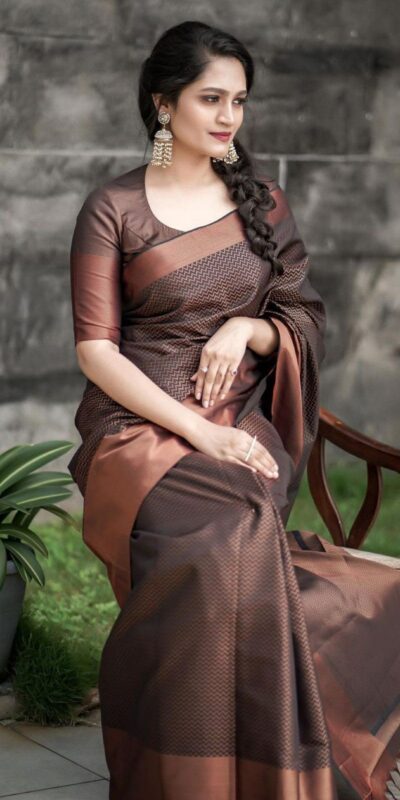 Magical Brown Soft Lichi Jacquard Work Saree