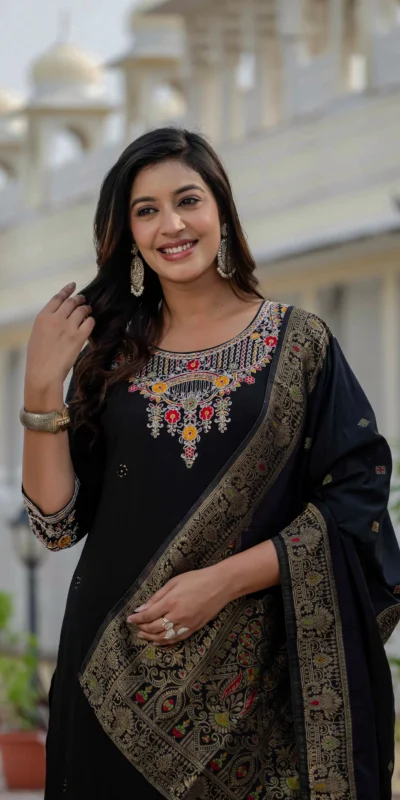 Nice Black Roman Silk Sequins Work Salwar Suit
