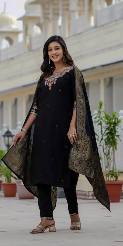 Nice Black Roman Silk Sequins Work Salwar Suit