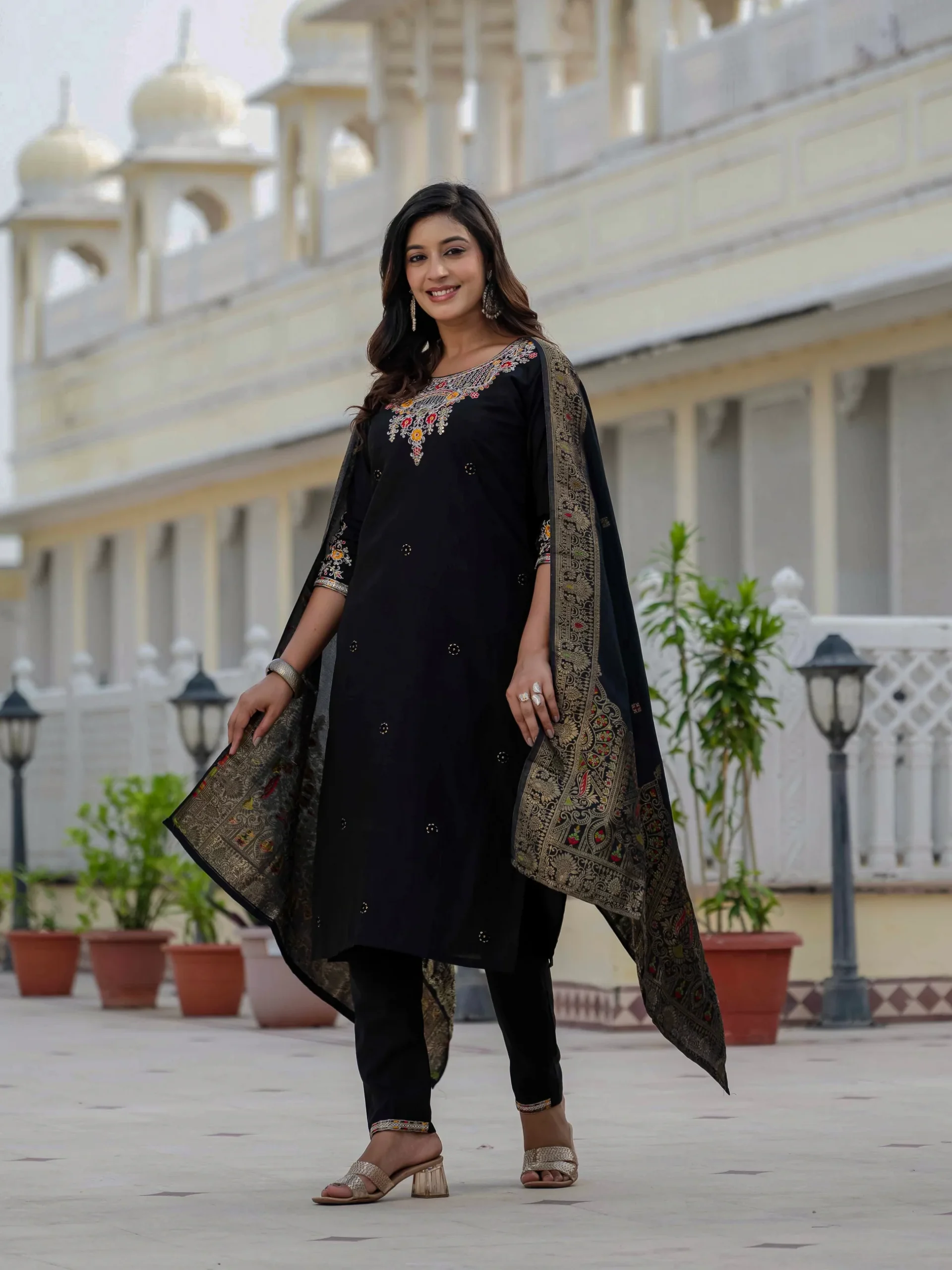Nice Black Roman Silk Sequins Work Salwar Suit