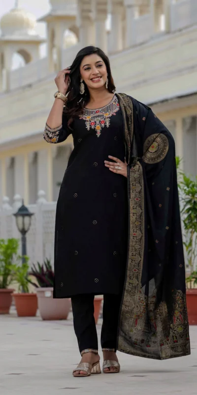 Nice Black Roman Silk Sequins Work Salwar Suit