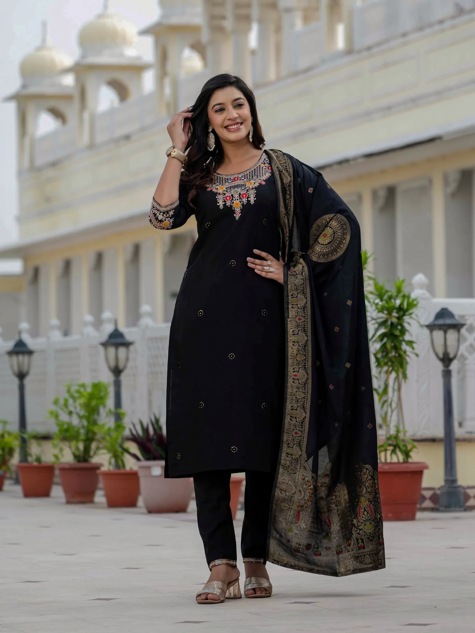 Nice Black Roman Silk Sequins Work Salwar Suit