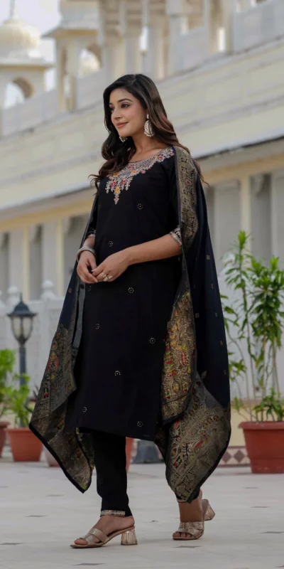 Nice Black Roman Silk Sequins Work Salwar Suit