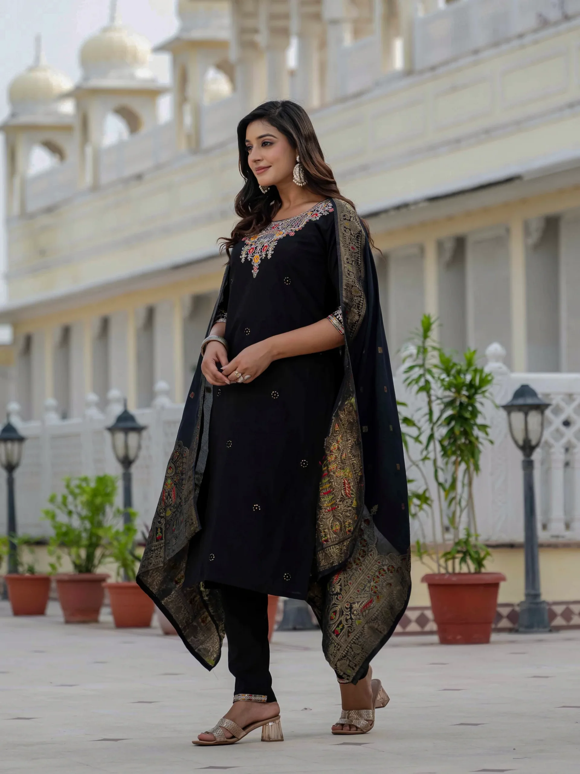 Nice Black Roman Silk Sequins Work Salwar Suit
