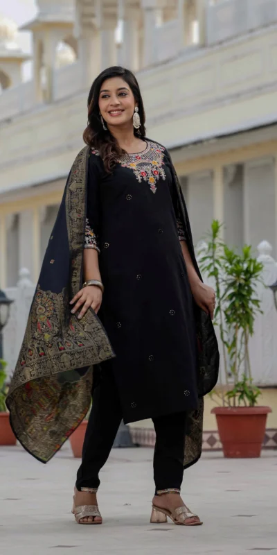 Nice Black Roman Silk Sequins Work Salwar Suit