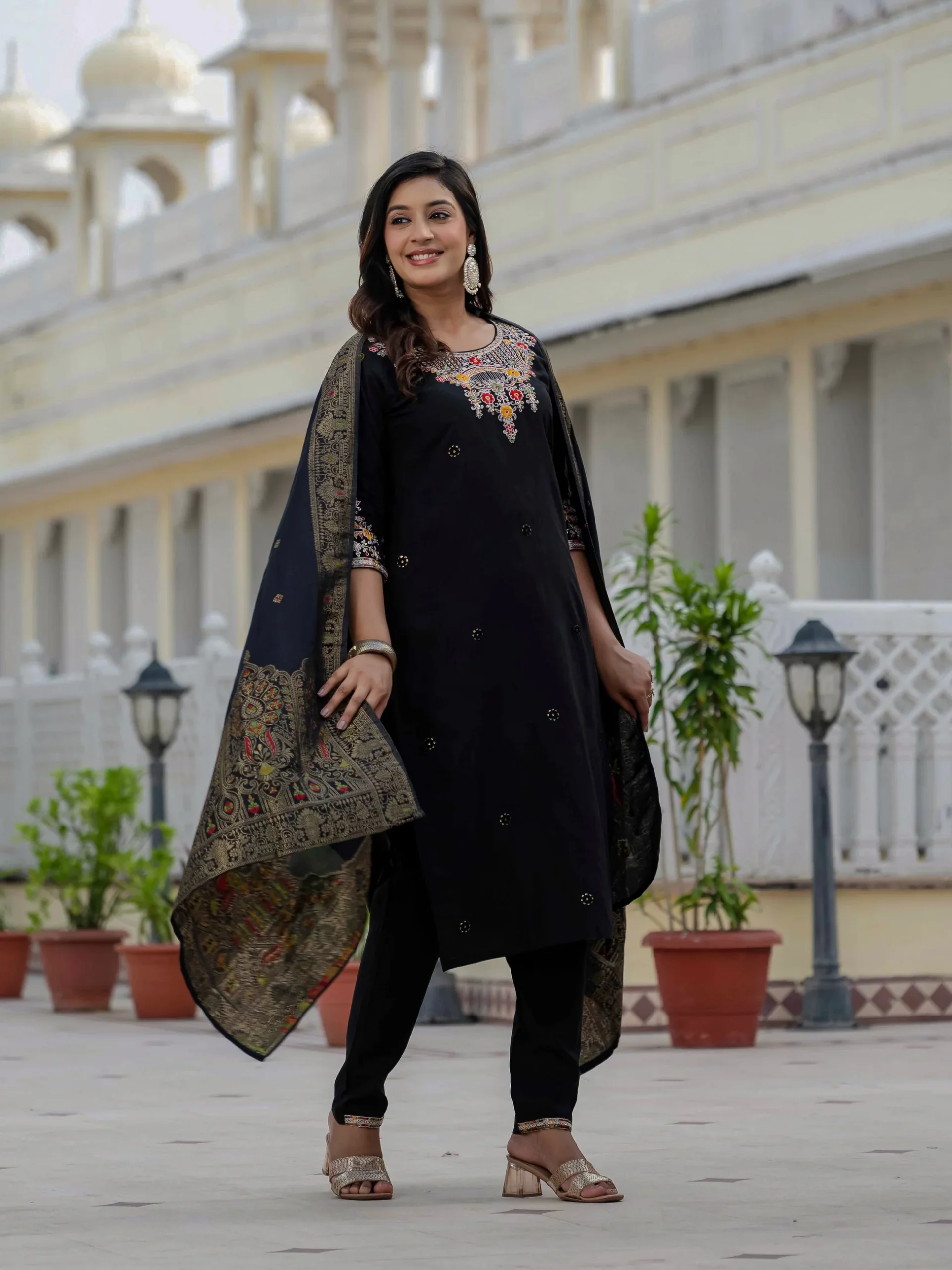 Nice Black Roman Silk Sequins Work Salwar Suit