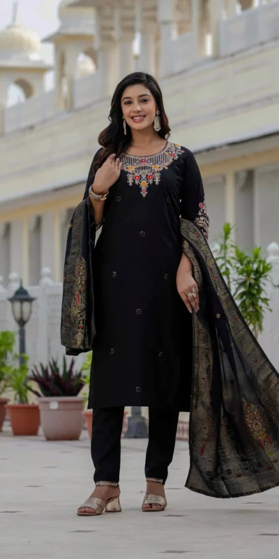 Nice Black Roman Silk Sequins Work Salwar Suit