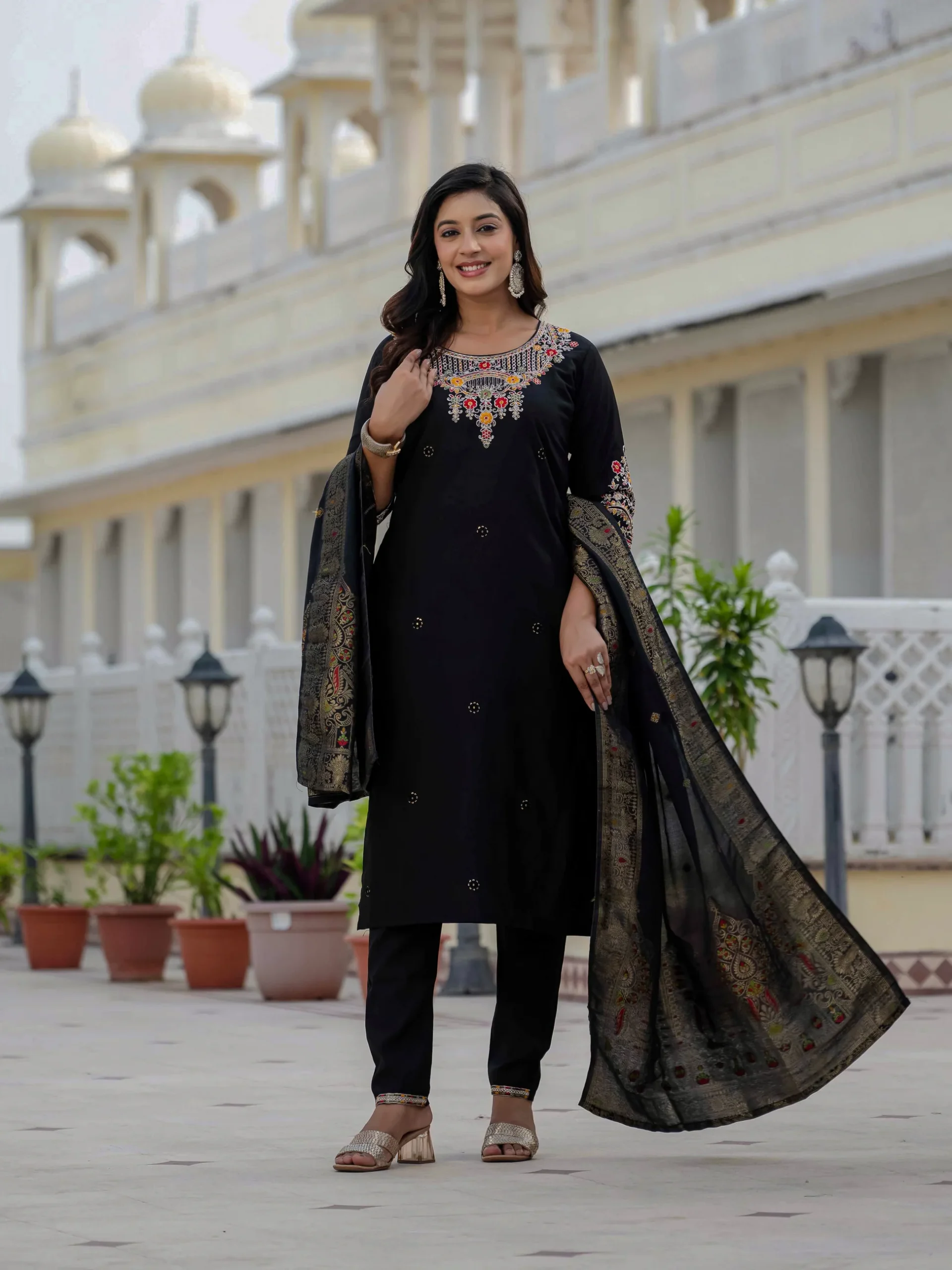 Nice Black Roman Silk Sequins Work Salwar Suit