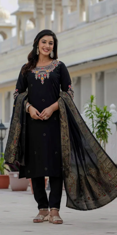 Nice Black Roman Silk Sequins Work Salwar Suit
