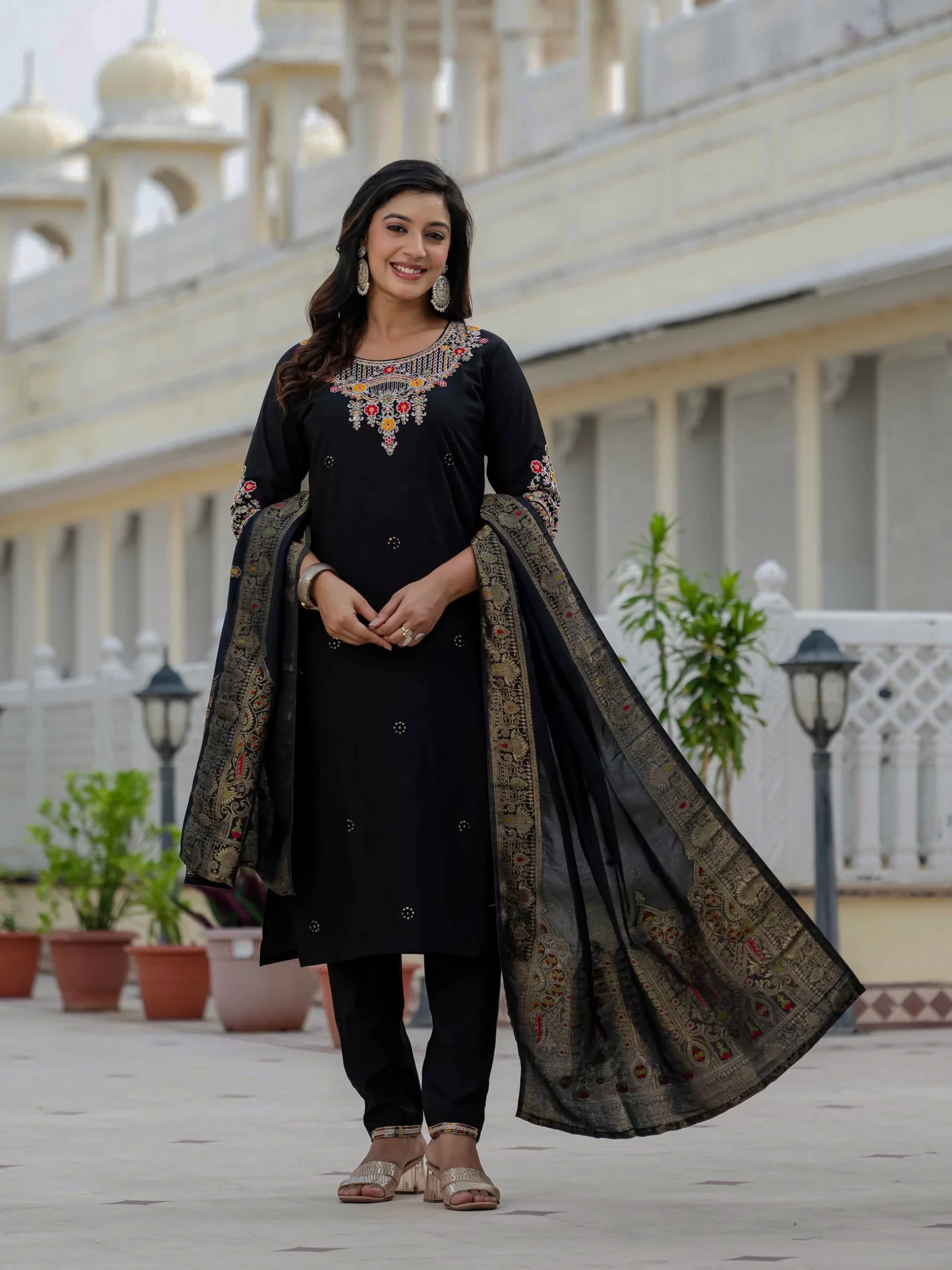 Nice Black Roman Silk Sequins Work Salwar Suit