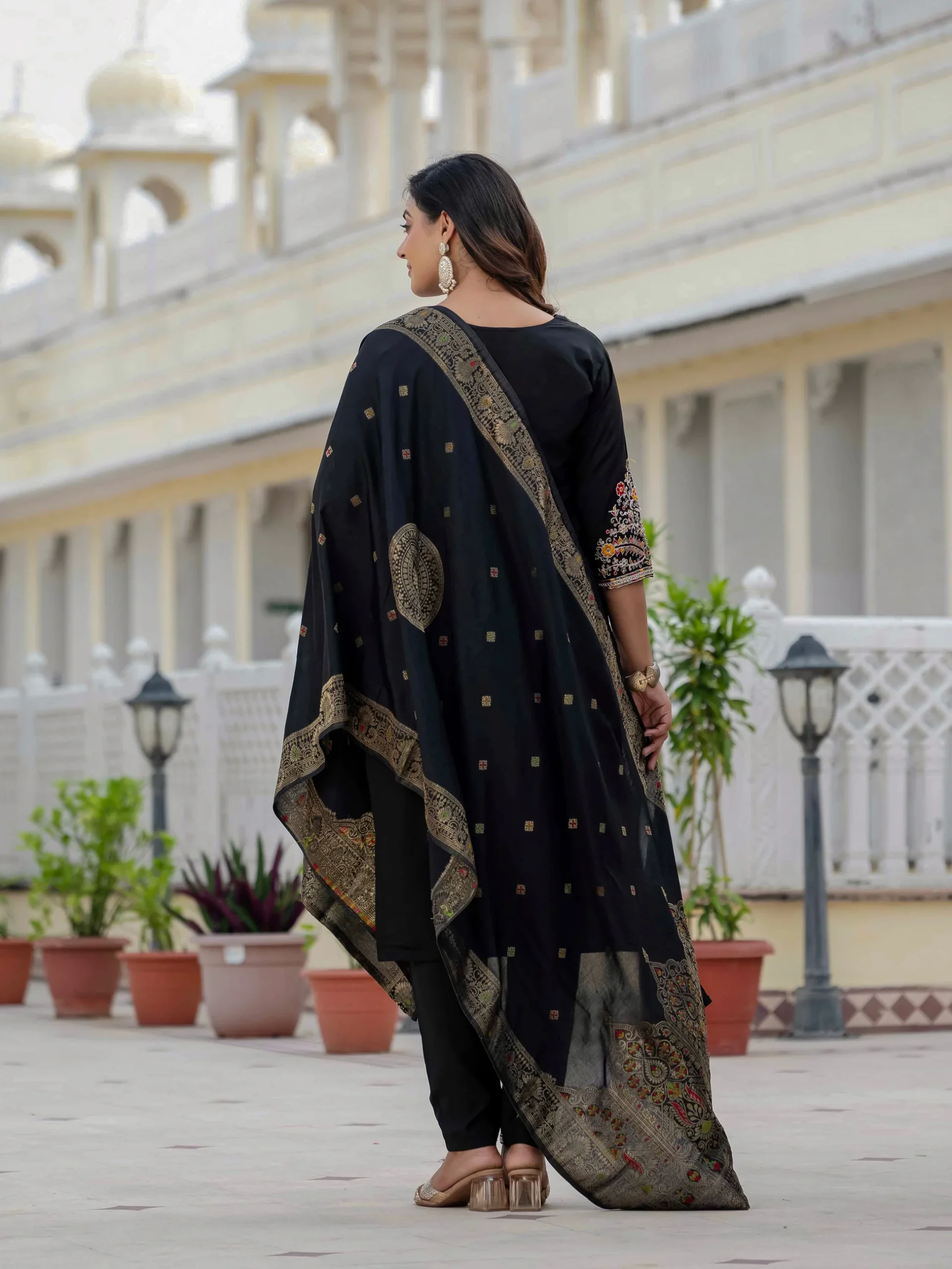 Nice Black Roman Silk Sequins Work Salwar Suit