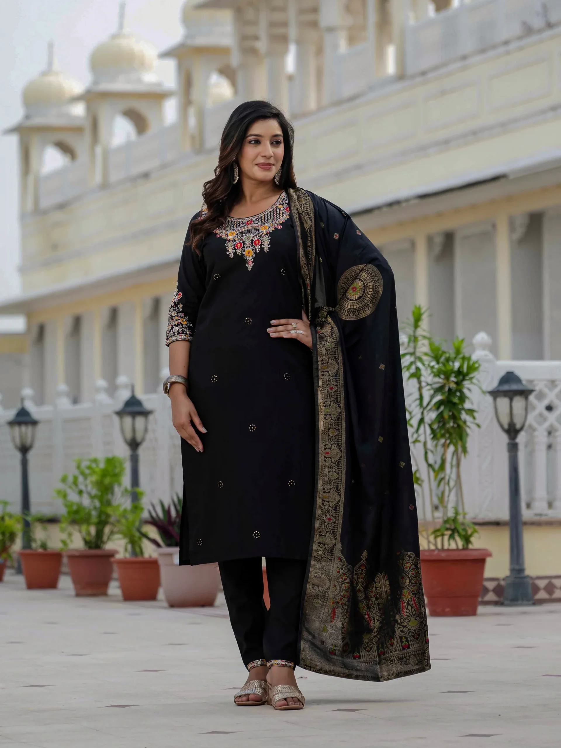 Nice Black Roman Silk Sequins Work Salwar Suit