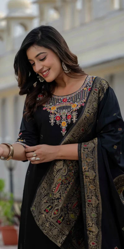 Nice Black Roman Silk Sequins Work Salwar Suit