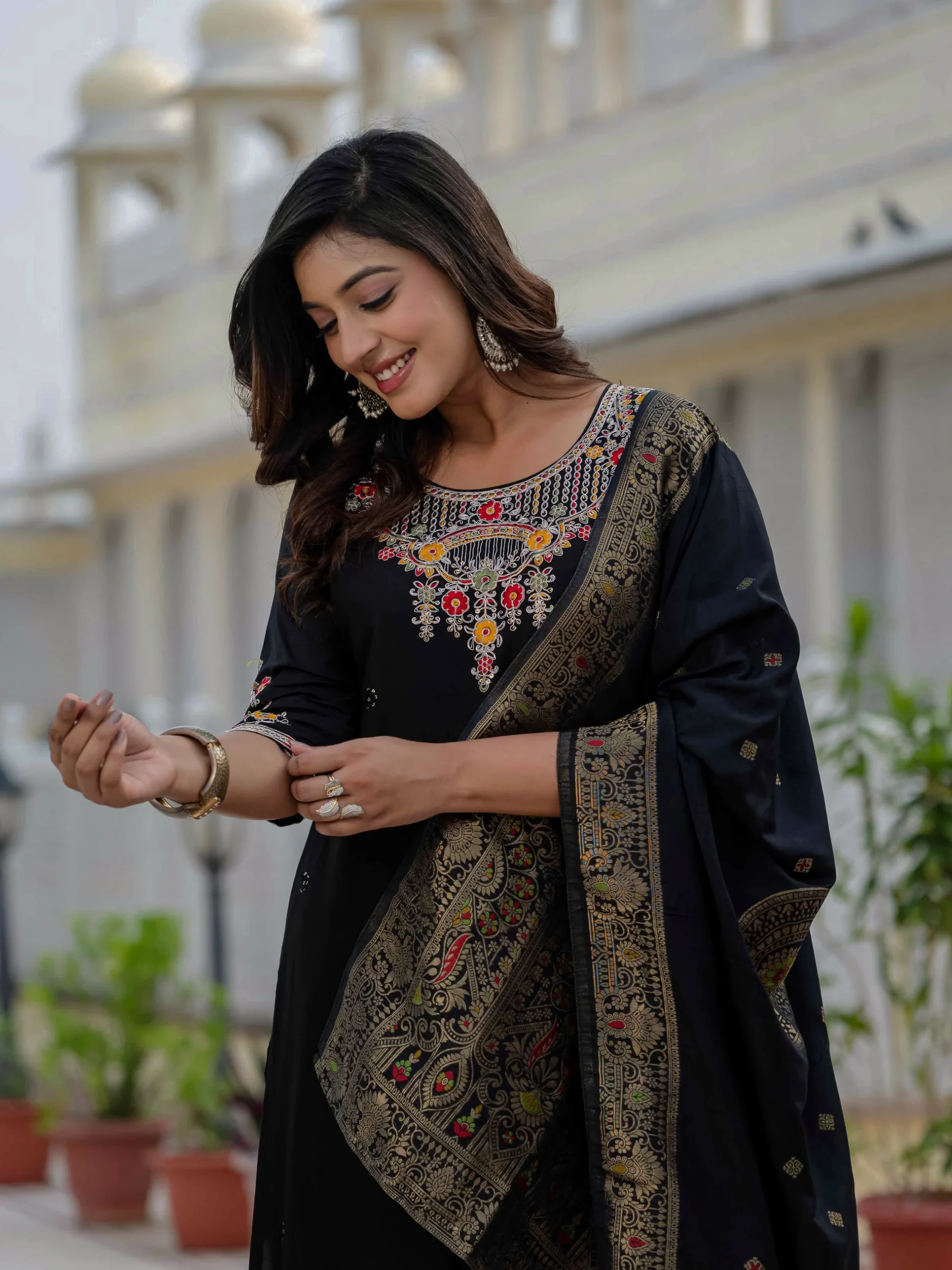 Nice Black Roman Silk Sequins Work Salwar Suit