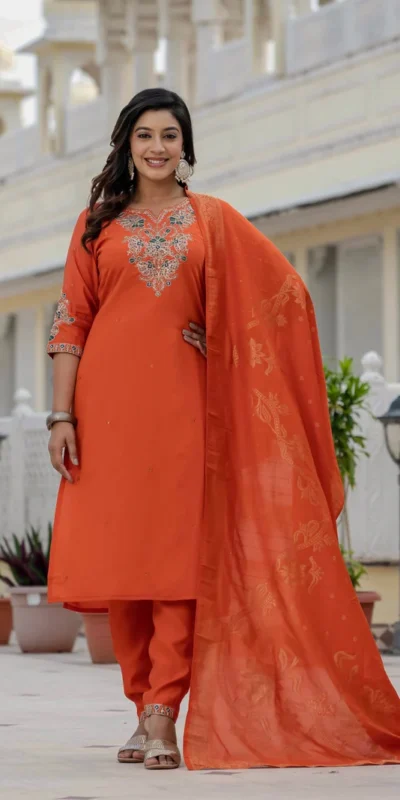 Nice Orange Roman Silk Sequins Work Salwar Suit