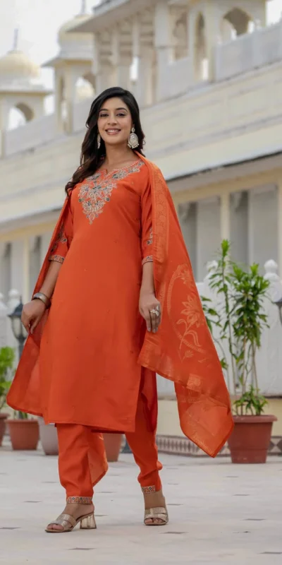 Nice Orange Roman Silk Sequins Work Salwar Suit