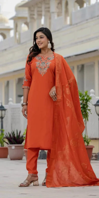 Nice Orange Roman Silk Sequins Work Salwar Suit