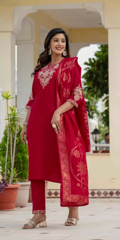Nice Red Roman Silk Sequins Work Salwar Suit