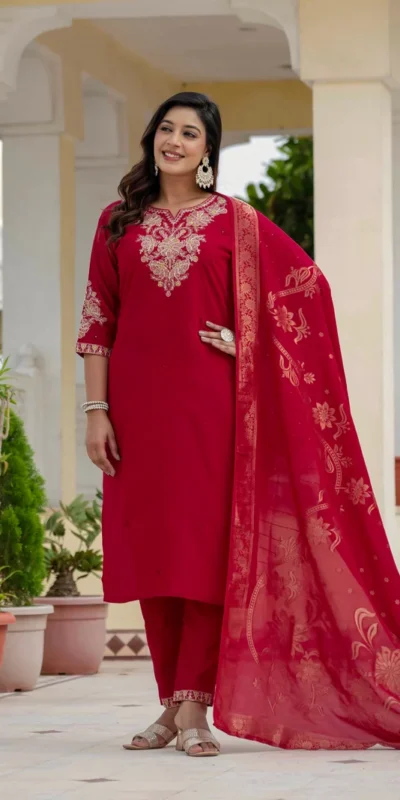 Nice Red Roman Silk Sequins Work Salwar Suit
